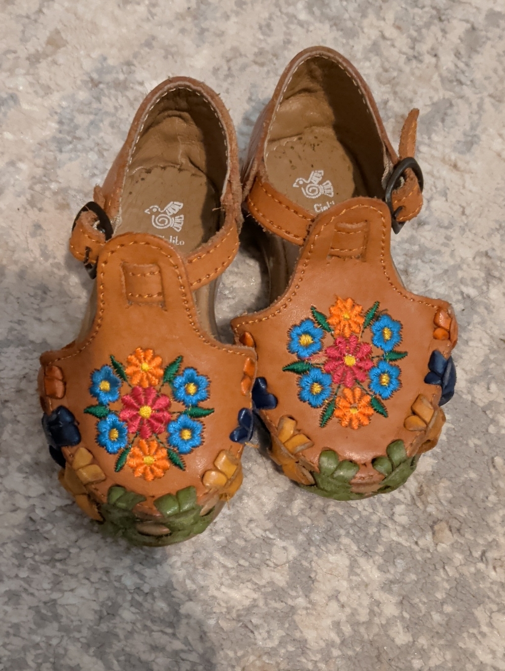 Brown Embroidered Floral Kids Sandals